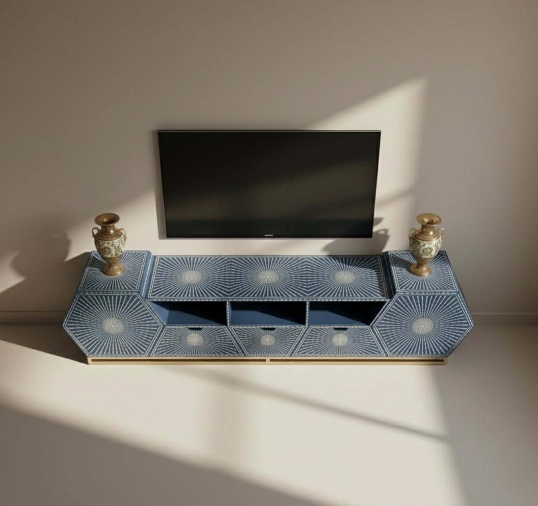 Celestial Sunburst Royal Blue Bone Inlay TV Stand