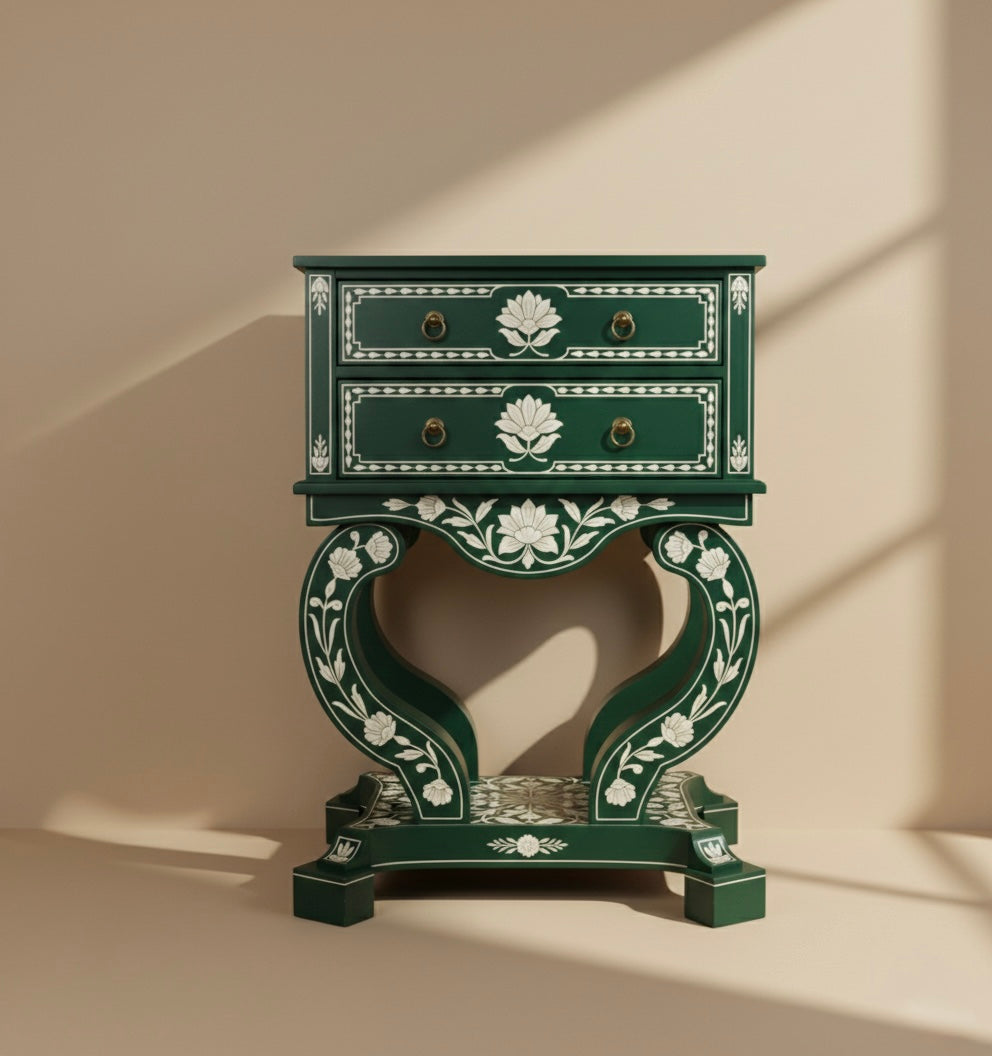 The Verdant Heart-Scroll Bone Inlay Bedside
