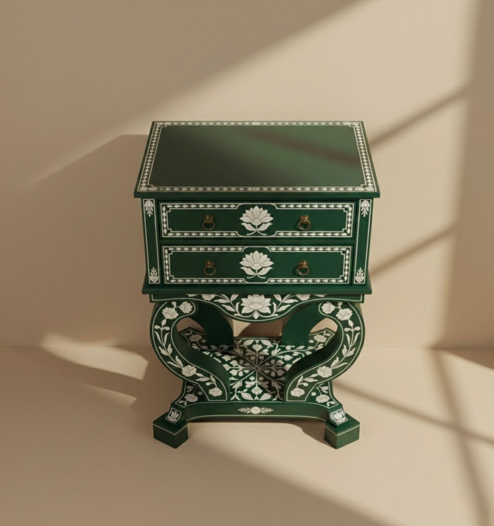 The Verdant Heart-Scroll Bone Inlay Bedside