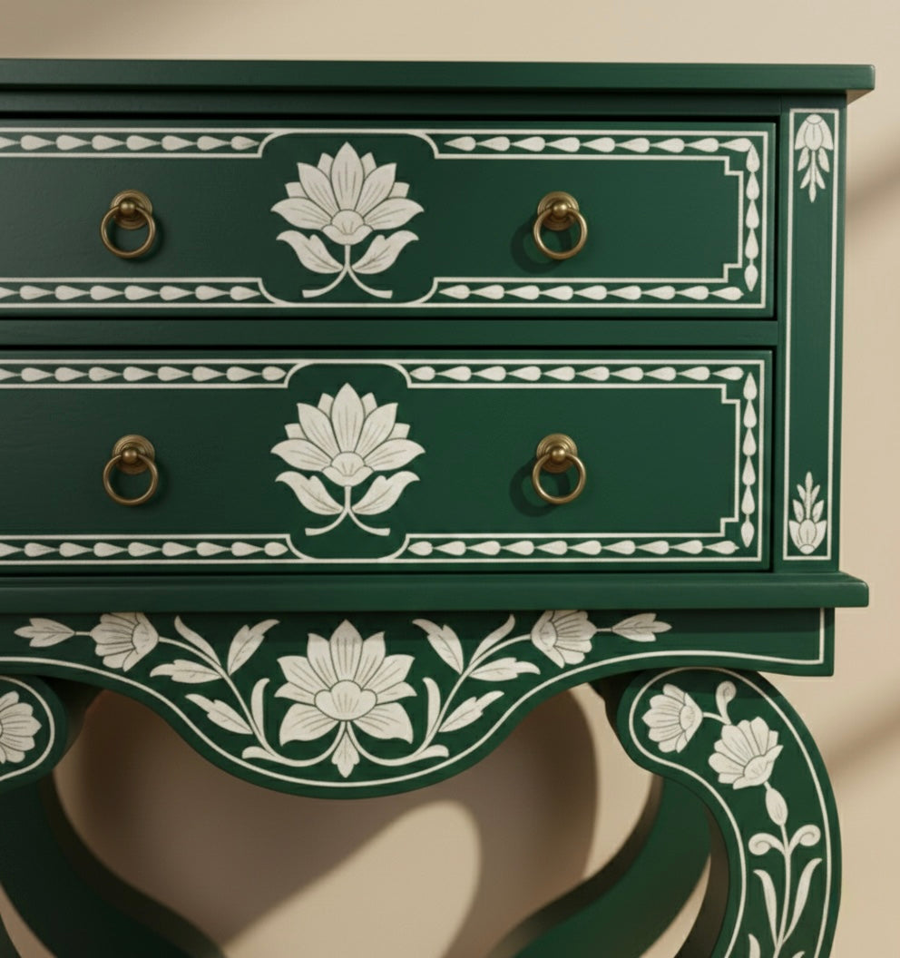 The Verdant Heart-Scroll Bone Inlay Bedside