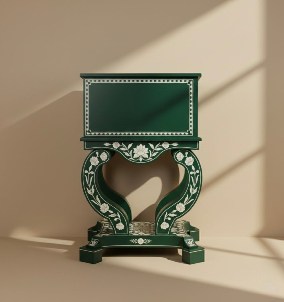 The Verdant Heart-Scroll Bone Inlay Bedside