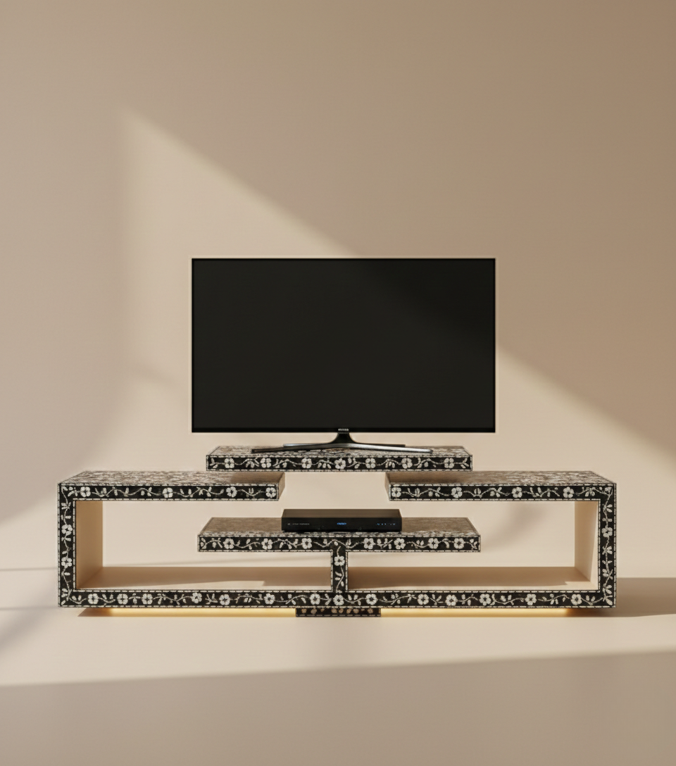 Midnight Blossom Heritage Bone Inlay TV Stand