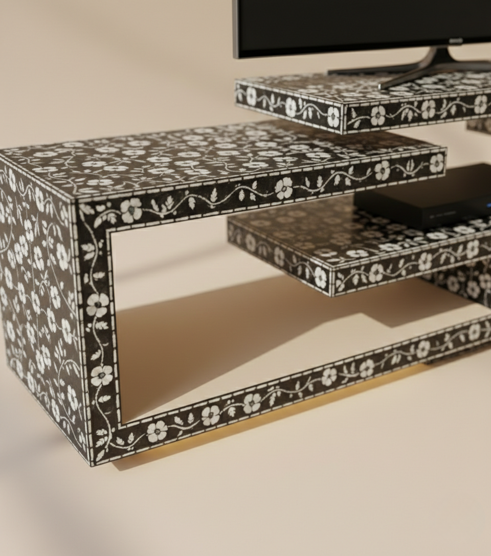 Midnight Blossom Heritage Bone Inlay TV Stand