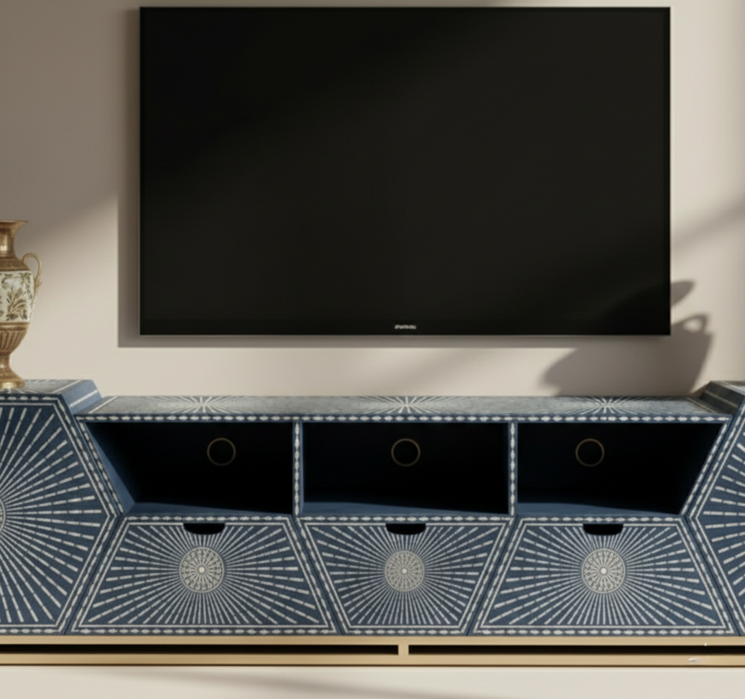 Celestial Sunburst Royal Blue Bone Inlay TV Stand