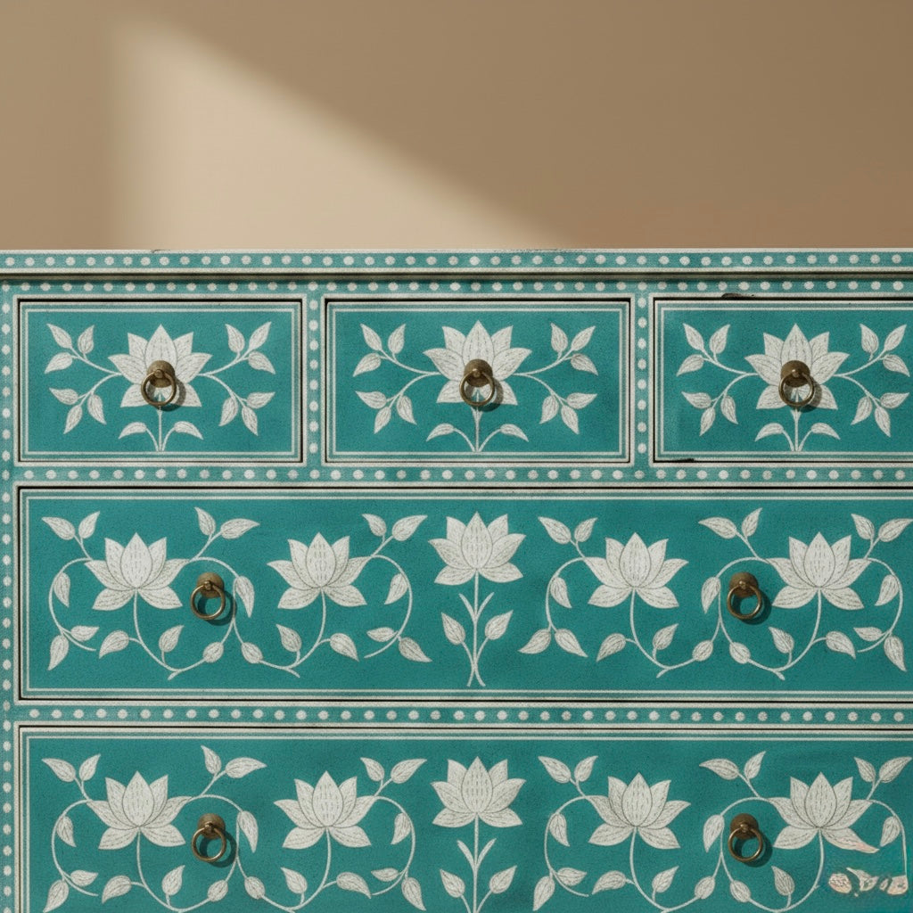 Teal Lotus Bone Inlay Chest Drawer