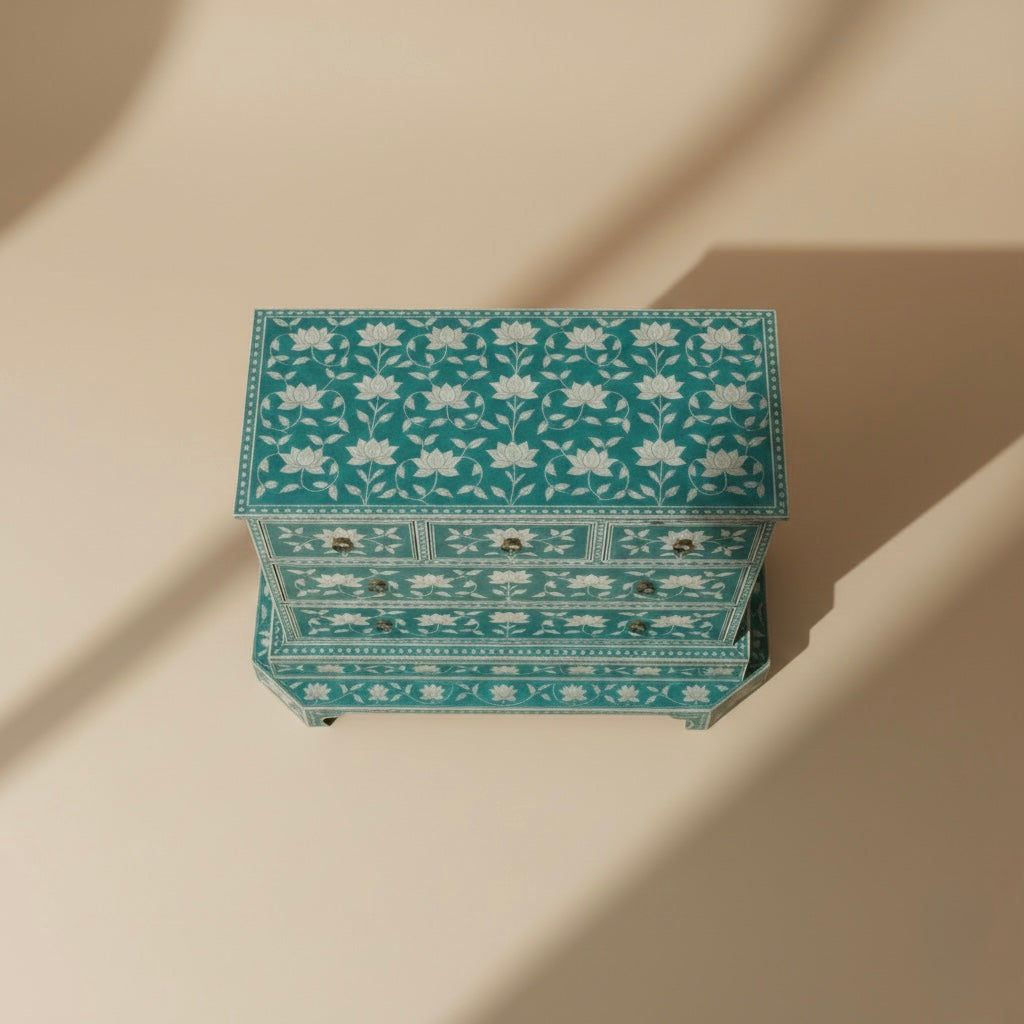 Teal Lotus Bone Inlay Chest Drawer