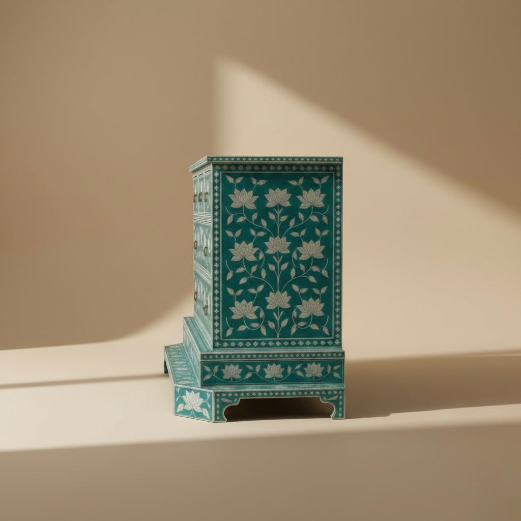 Teal Lotus Bone Inlay Chest Drawer