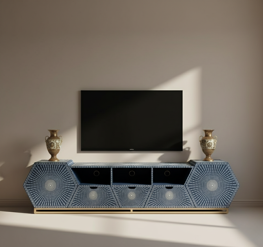 Celestial Sunburst Royal Blue Bone Inlay TV Stand