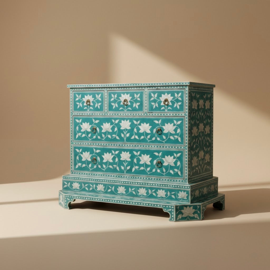 Teal Lotus Bone Inlay Chest Drawer